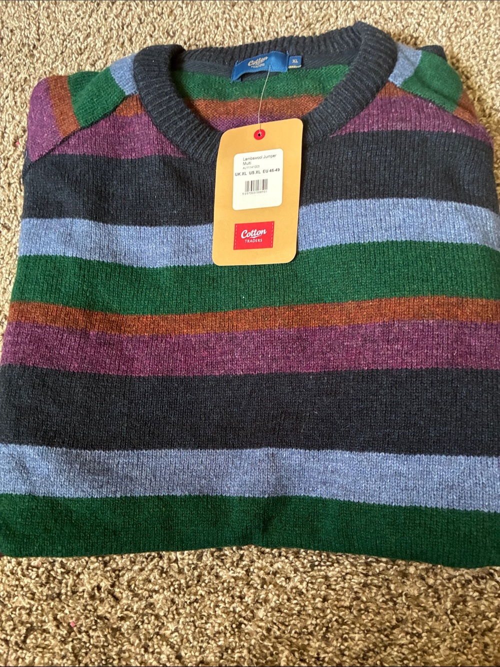 Cotton Traders Men’s Crewneck Striped Sweater - Green/Gray/Multi